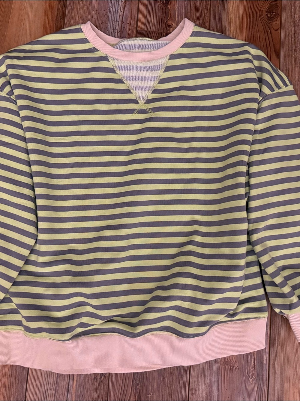 Striped Pastel Crewneck Sweater - Yellow & Gray with Pink Trim